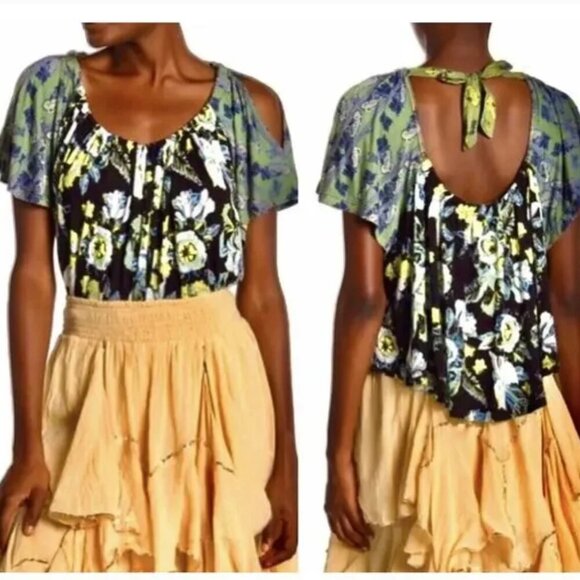 Free People Baja Babe Shirt Cold Shoulder Short Sleeve Floral Black Size Large - Picture 12 of 12